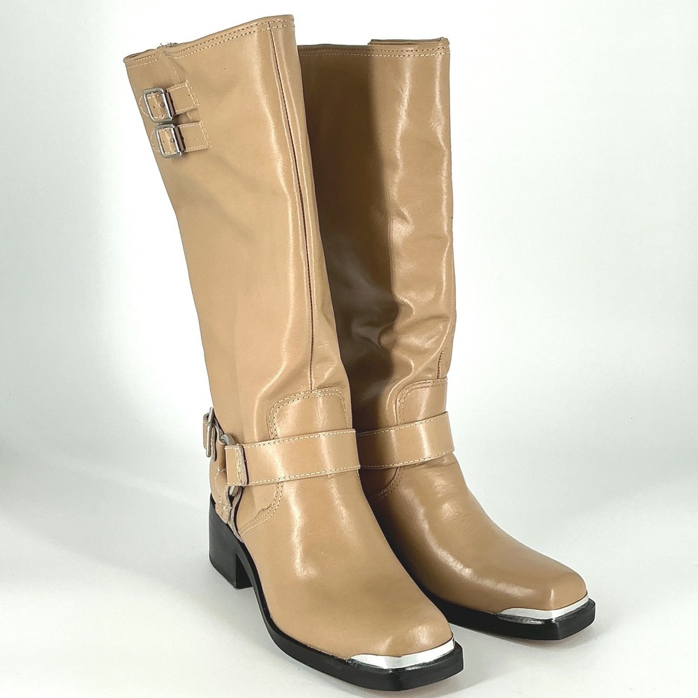Dolce Vita Size 7.5 Tan Leather Moto Harness Boots NEW Metal Toe Tip Evi $140‎